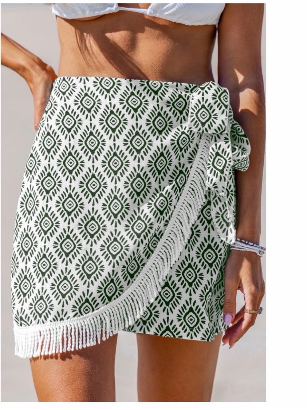 Cupshe Green and White Tassel Wrap Skort